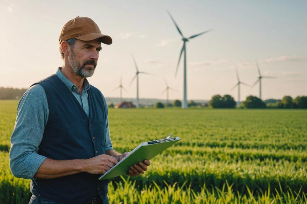 Un agriculteur tenant un clipboard, debout à côté d'un champ verdoyant avec une éolienne en arrière-plan, symbolisant l'utilisation de l'énergie renouvelable.