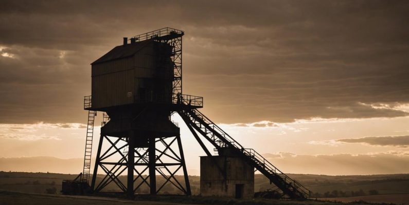 Photographie d'une structure de mine de charbon en silhouette contre un coucher de soleil qui s'estompe, avec la campagne bourguignonne en toile de fond, en tons sépia vintage, éclairage ambiant, mise au point nette.