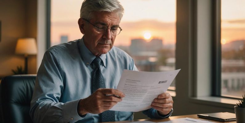 Un employé aux cheveux gris lisant un document intitulé 'Forfait de départ amélioré pour les employés de plus de 55 ans', avec un sourire subtil exprimant le soulagement et un coucher de soleil doré traversant la fenêtre du bureau.