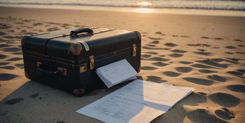 Photo d'une valise abandonnée, pleine de reçus et de documents d'entreprise, sur une plage vide au coucher du soleil, créant un sentiment d'évasion interdite